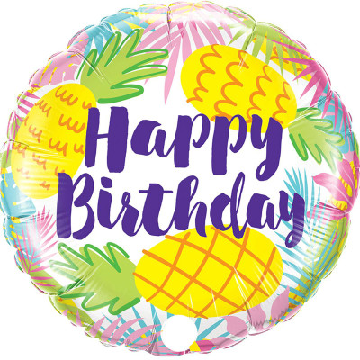 Куля фольгована кругла Happy Birthday ананаси (Китай)