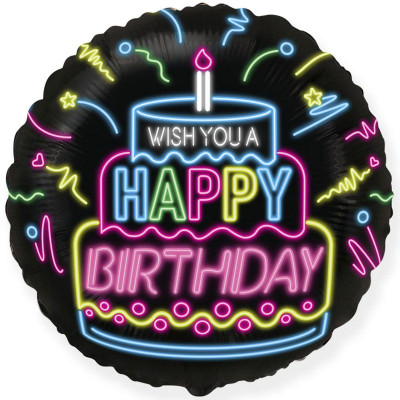 Шар фольгированный круглый "Wish you a happy birthday" неон (Flexmetal)
