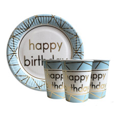 Набір одноразового посуду "Happy Birthday блакитні" Тарілки — 10 шт Стаканчики — 10 шт.