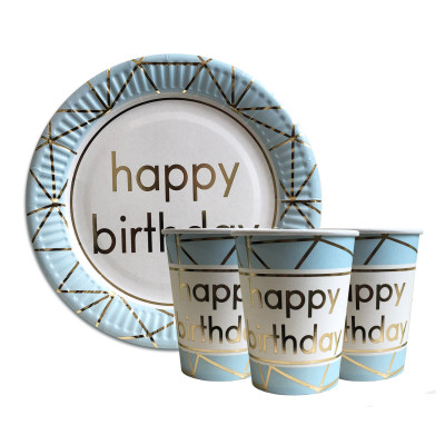 Набір одноразового посуду "Happy Birthday блакитні" Тарілки — 10 шт Стаканчики — 10 шт.