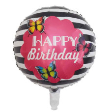 Фольгована куля Happy Birthday смугаста з метеликами (Китай)