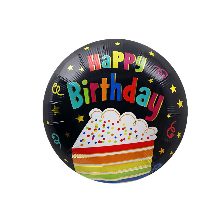 Воздушный фольгированный шар "Happy Birthday" тортик на черном (Китай)