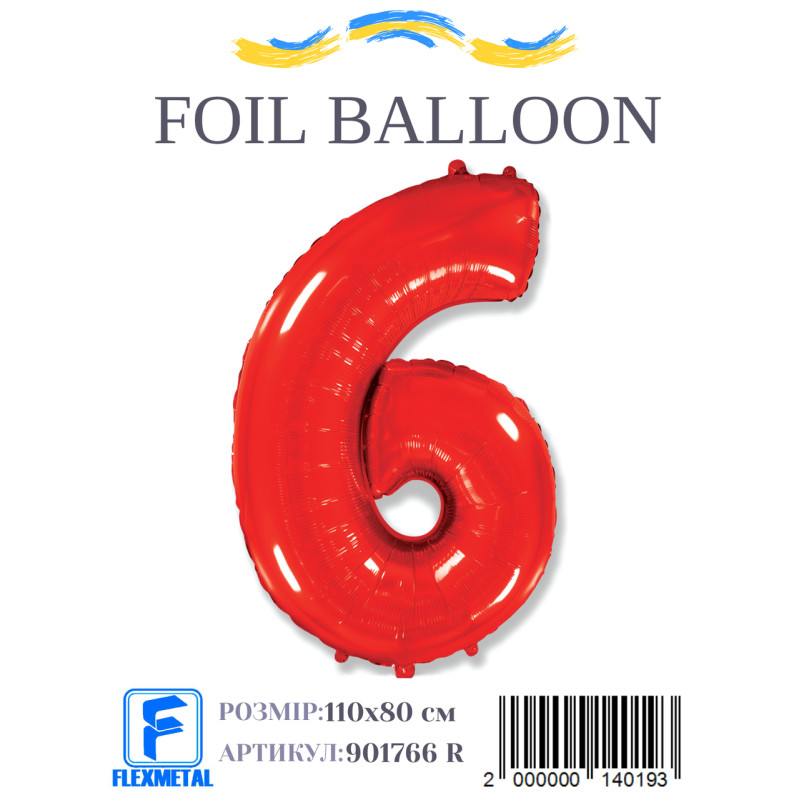 Фольгована куля цифра 6 червона, 40" (102 см) Flexmetal в упаковці
