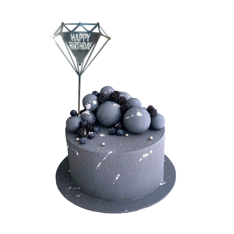 Топер у торт Happy Birthday діамант срібло