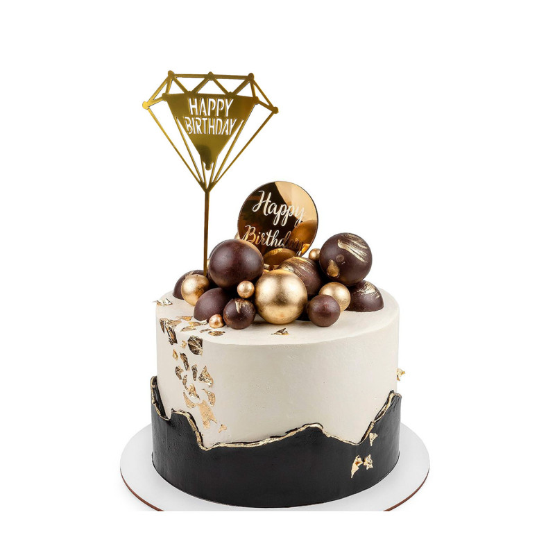 Топер у торт Happy Birthday діамант золото