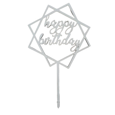 Топер у торт Happy Birthday в квадратах срібло