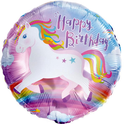 Куля фольгована кругла Єдиноріг Happy Birthday (Китай)