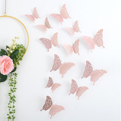 Метелики 3D рожеве золото на скотчі для фотозони (12 штук)