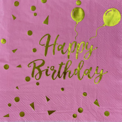 Салфетки бумажные сервировочные Happy Birthday золото на розовом 20 шт/уп