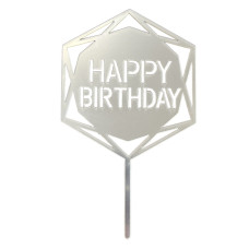 Топер у торт Happy Birthday срібло