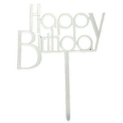 Топер у торт Happy Birthday срібло