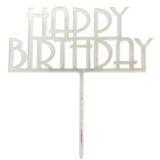Топер у торт Happy Birthday срібло