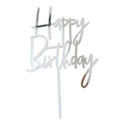 Топер у торт Happy Birthday срібло