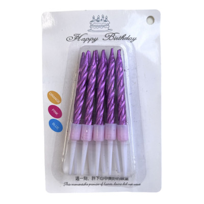 Свечи для торта сиреневые хром с подставкой (10 штук)