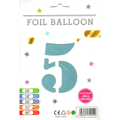 Фольгована куля цифра 5 блакитна, в упаковці 32" (80 см)