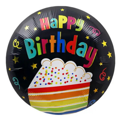 Воздушный фольгированный шар "Happy Birthday" тортик на черном (Китай)