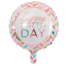 Куля фольгована кругла Happy Birthday кольорові смуги
