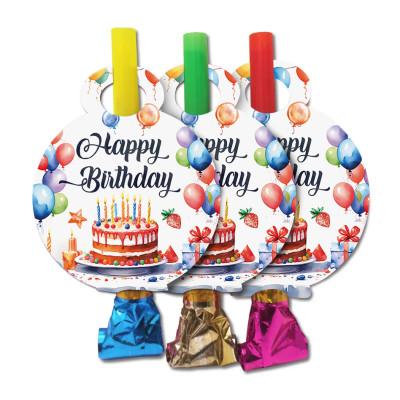 Язичок гудок карнавальний  Happy Birthday тортик, 6 шт в уп