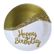 Тарілки паперові одноразові "Happy Birthday блискітки" 18 см, 10 шт.