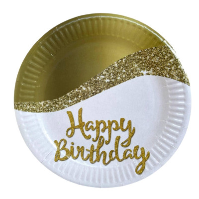 Тарілки паперові одноразові "Happy Birthday блискітки" 18 см, 10 шт.