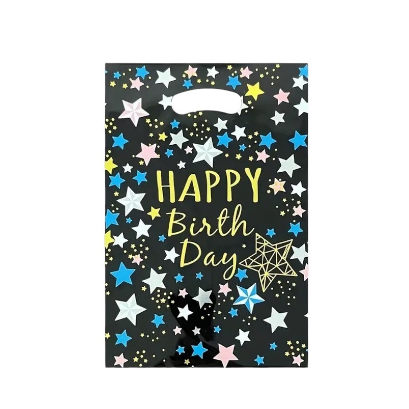 Пакеты подарочные фольгированные "Happy Birthday звёзды на черном" 17х25 см 10 штук