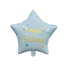 Куля фольгована зірка Happy Birthday блакитна
