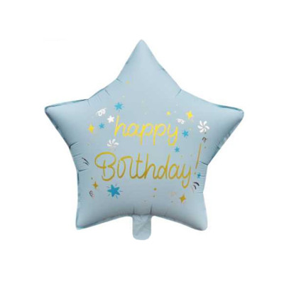 Куля фольгована зірка Happy Birthday блакитна
