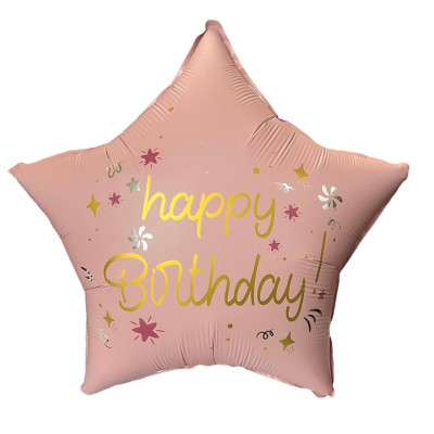Куля фольгована зірка Happy Birthday рожева