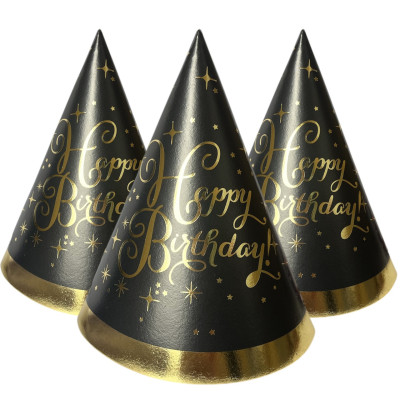 Ковпачок святковий із тисненням "Happy Birthday золото на чорному", 10 шт./пач.