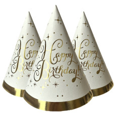 Ковпачок святковий із тисненням "Happy Birthday золото на білому", 10 шт./пач.