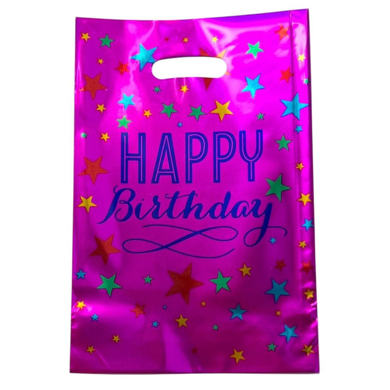 Пакети подарункові фольговані "Happy Birthday зірки на рожевому" 17х25 см 10 штук