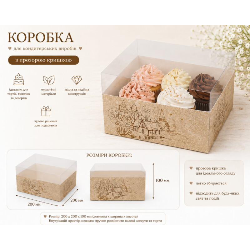 Коробка с прозрачной крышкой для десертов 200х200х100 мм