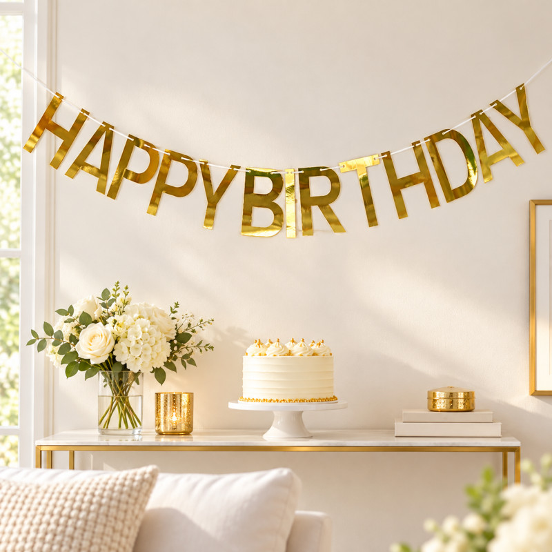 Бумажная гирлянда буквы Happy Birthday золото, 2 метра