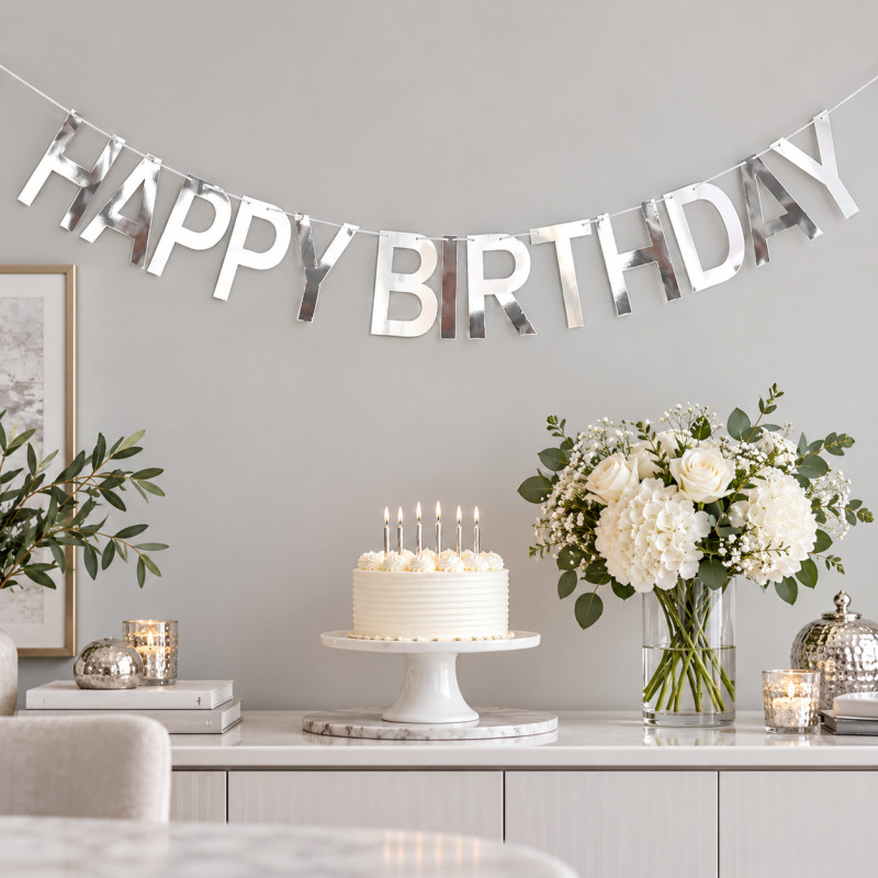 Бумажная гирлянда буквы Happy Birthday серебро, 2 метра